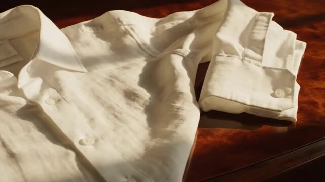 Crisp white linen shirt elegantly draped over a polished wooden surface, showcasing refined texture and style