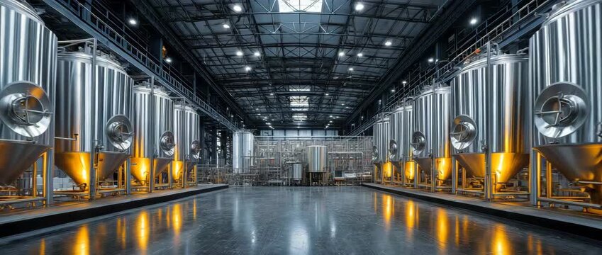 Stainless steel tanks and a bottling line are features of a contemporary beer production.