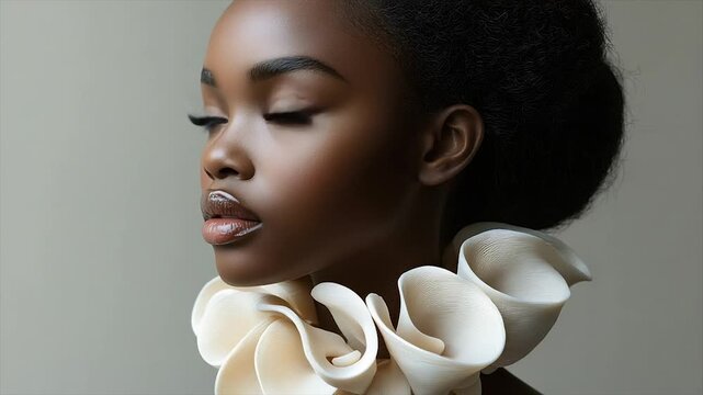 A young woman with dark skin and a large white ruffled collar. She is looking up and left