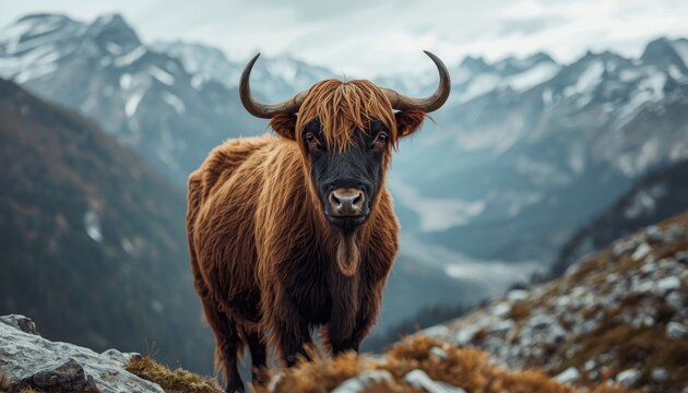 A wild yak bos mutus in the mountains standing against a cold and rocky landscape