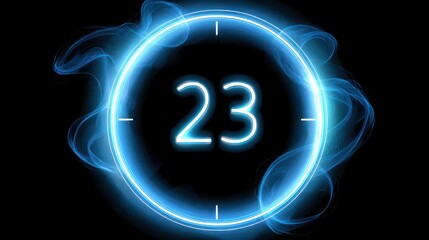 Neon countdown clock with number 23 and blue glowing circle design