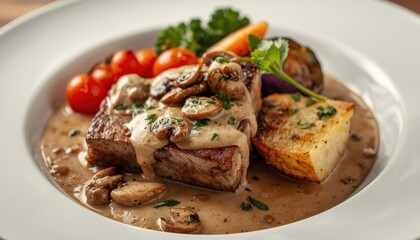 Veal zurcher style served with creamy mushroom sauce and seasonal vegetables on a white plate
