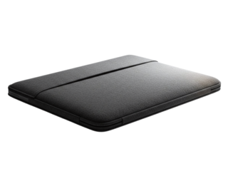 Closed black laptop sleeve, textured surface, angled view, studio lighting, isolated on transparent background