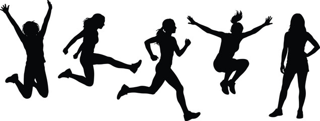 Dynamic female fitness silhouettes jumping running poses, energetic athletic women movement isolated on white background for modern sports design