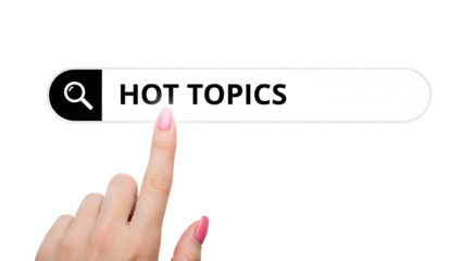 Hand clicking on search bar with hot topics text