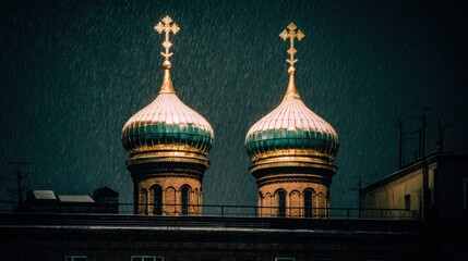 Two ornate domes with golden crosses against a snowy sky background