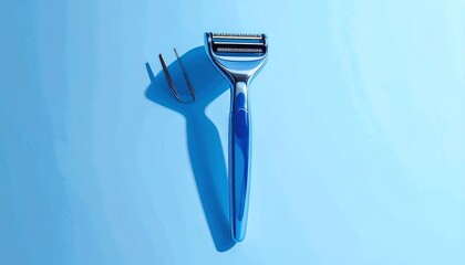 Overhead shot of grooming tools a razor with a blue handle, and a pair of curved metal tweezers. Tools are on a light blue background