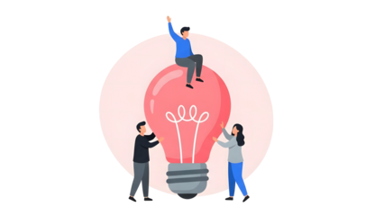 Three people interacting with a large pink lightbulb on a white background