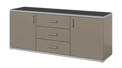 Modern minimalist taupe sideboard with sleek silver handles in soft studio lighting for home furniture
