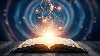 An ancient open book radiates golden light as scientific symbols dna strands and atoms rise upward symbolizing the timeless power of learning and discovery
