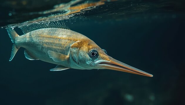 Halfbeak fish swimming near the water surface with its distinctive elongated lower jaw in the