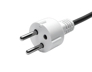 A close-up, high-angle view of a European plug with a black power cord against a dark backdrop
