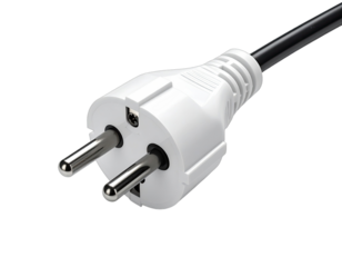 Close-up of a white electric plug with metallic pins, black cord, isolated on a dark background