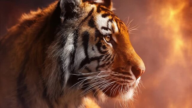 Close-up of a regal tiger in profile, amber fur, intense gaze, whiskers, warm backlit mist, majesty in frame!
