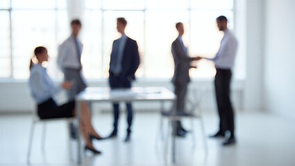 Soft-focused image of business professionals engaged in a corporate meeting, fostering collaboration, discussion, and strategic planning within a modern office environment