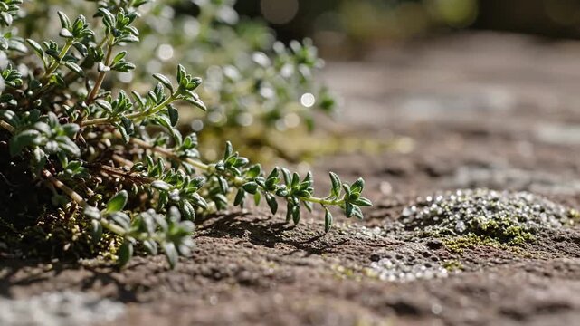 Delicate green thyme sprigs with tiny leaves catching sunlight on a textured stone surface, highlighting natural beauty and culinary potential.