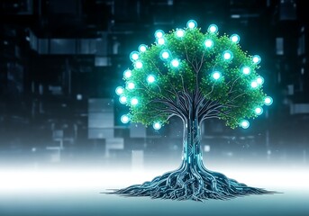 A conceptual digital tree where roots and trunk form a glowing blue circuit board pattern