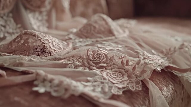 Delicate pink lace lingerie arranged on a plush velvet chaise lounge