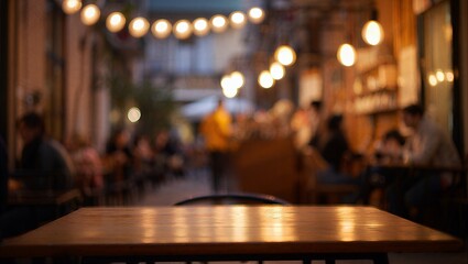 Cozy outdoor cafe at night, with warm string lights illuminating blurred patrons and wooden tables, creating a relaxed ambiance