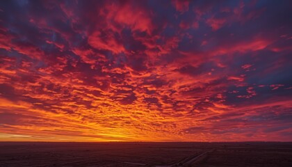 Fototapeta premium Breathtaking sunset with fiery orange and deep purple clouds over a vast landscape