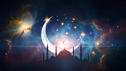 Mystical crescent moon shines over a silhouetted mosque under a starry, cosmic night sky.