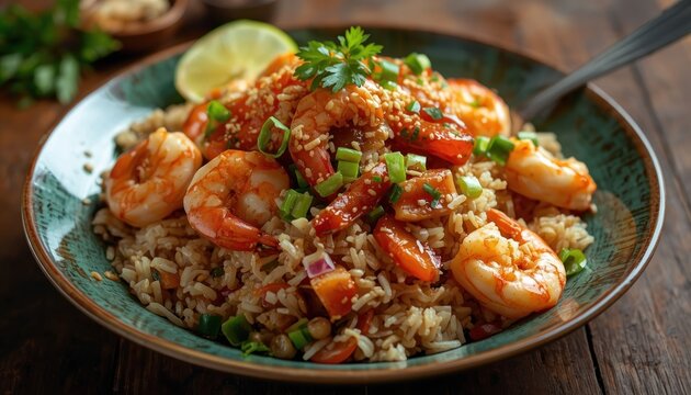 Close up of delicious indonesian fried rice with prawns and many fresh ingredients on plate