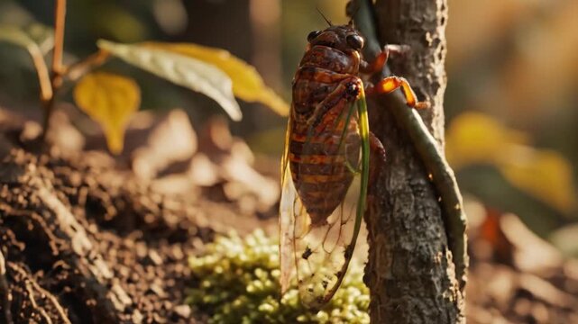 Detailed close-up of a cicada insect clinging to a moss-covered branch, its intricate exoskeleton a mosaic of rust and amber colors.