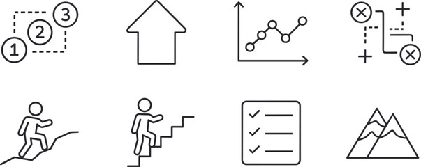 Set Of Eight Business And Success Line Icons On White Background Keywords: map, plan, steps