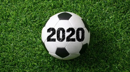 A soccer ball with the year 2020 printed on it rests on green grass, possibly at a sporting field or park
