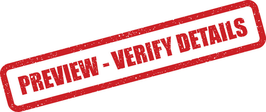 Red textured rectangular rubber stamp requesting careful review and verification of specific information or details