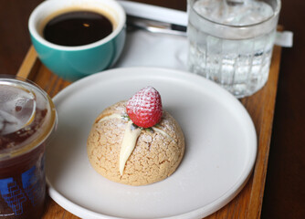 Strawberry cake in a cafe.