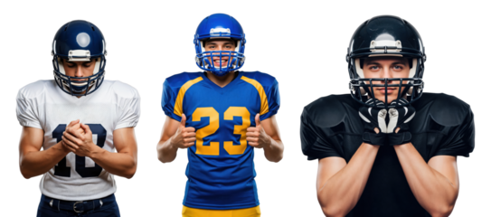 Three Young Male Football Players in Different Uniforms Ready for Action