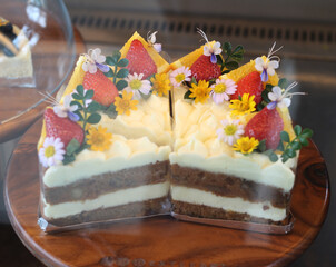 Delicious and beautifully decorated cake for sale at the cafe.