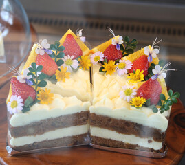 Delicious and beautifully decorated cake for sale at the cafe.