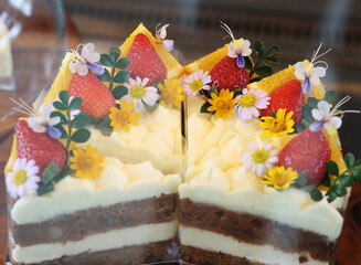 Delicious and beautifully decorated cake for sale at the cafe.