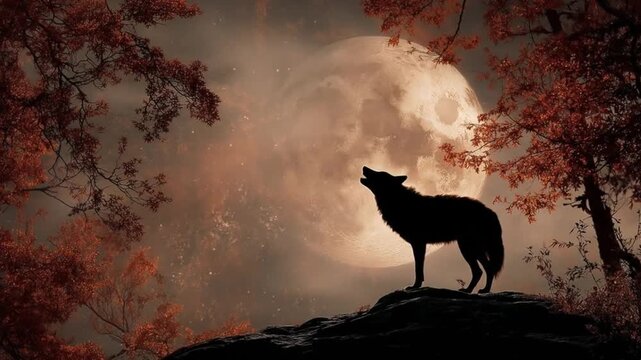 Silhouetted wolf atop a rocky outcrop howls beneath full moon as amber autumn trees frame nightscape