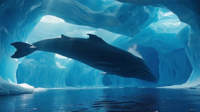 Enormous humpback whale swims through a glowing blue ice cave in the Arctic with sunlight streaming in