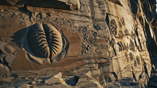 Detailed fossil impressions embedded within layered ancient shale rock formations, showcasing geological history