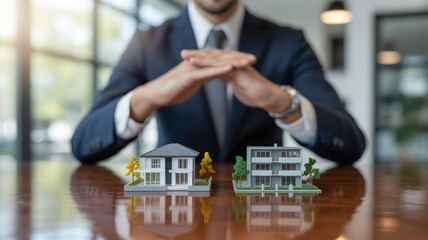 In the blurred background, a businessman in a dark suit makes a protective triangular roof gesture with his hands over the properties.