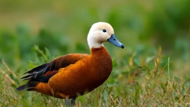 A beautiful waterfowl species stands gracefully amidst lush green vegetation in a vibrant natural outdoor setting. The distinctive bird features a striking white head, a unique blue beak, and a rich r