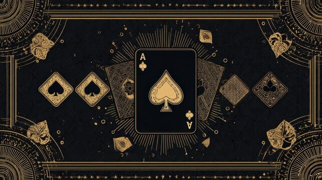 A flat illustration depicts a central Ace of Spades card with radiating lines and scattered card suits, all in gold against black