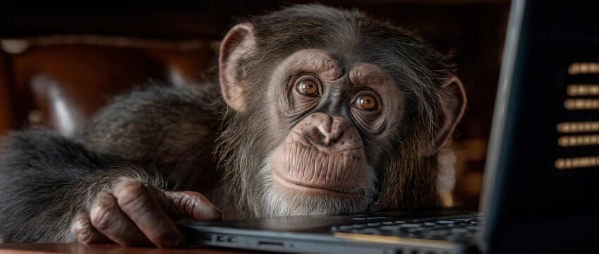 Sitting at a desk, an intelligent chimpanzee uses a laptop keyboard to input code that appears on the screen.