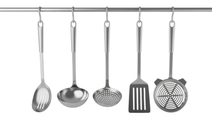 Kitchen Utensils Set in Stainless Steel Hanging on Rack in Modern Minimalist Style with Soft Natural Lighting for Cooking Essentials