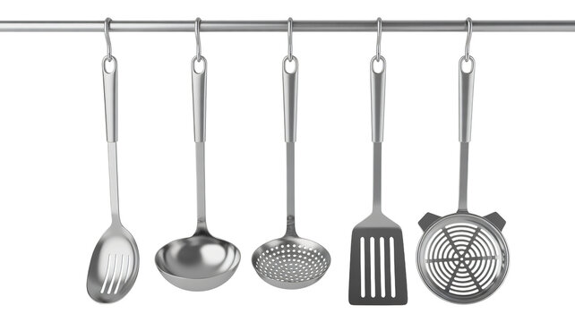 Kitchen Utensils Set in Stainless Steel Hanging on Rack in Modern Minimalist Style with Soft Natural Lighting for Cooking Essentials