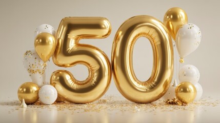 A celebration scene, with large golden numerals "50" surrounded by gold and white balloons, and confetti