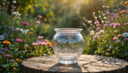 Round Etched Glass Vase in flower Meadow