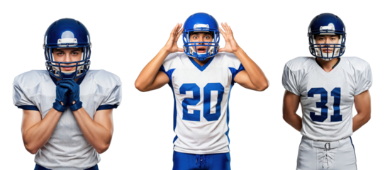 Diverse Male Athletes in Football Uniforms Displaying Different Emotions and Styles