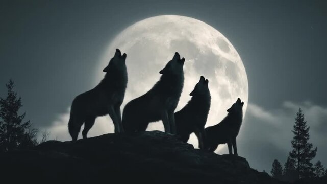 Three wolves howl atop a rocky outcrop beneath a full moon, silhouettes against dark pines and mist