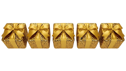 Five golden gifts with ribbons and bows on a pure transparent background isolated on transparent background