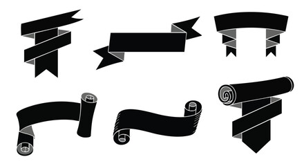 Collection of diverse black ribbon banners and elegant paper scrolls on a clean white background designed for versatile graphic illustration and